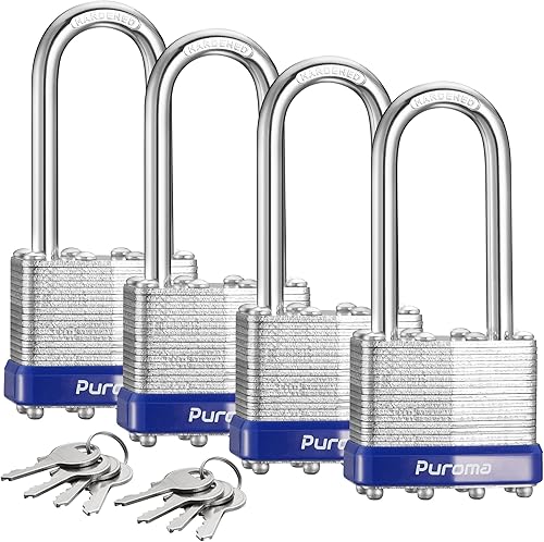 Puroma Lock - Paquete de 4 candados, cerraduras de grillete de 2 pulgadas de largo con 8 llaves, candados de acero endurecido de 1.575 pulgadas con