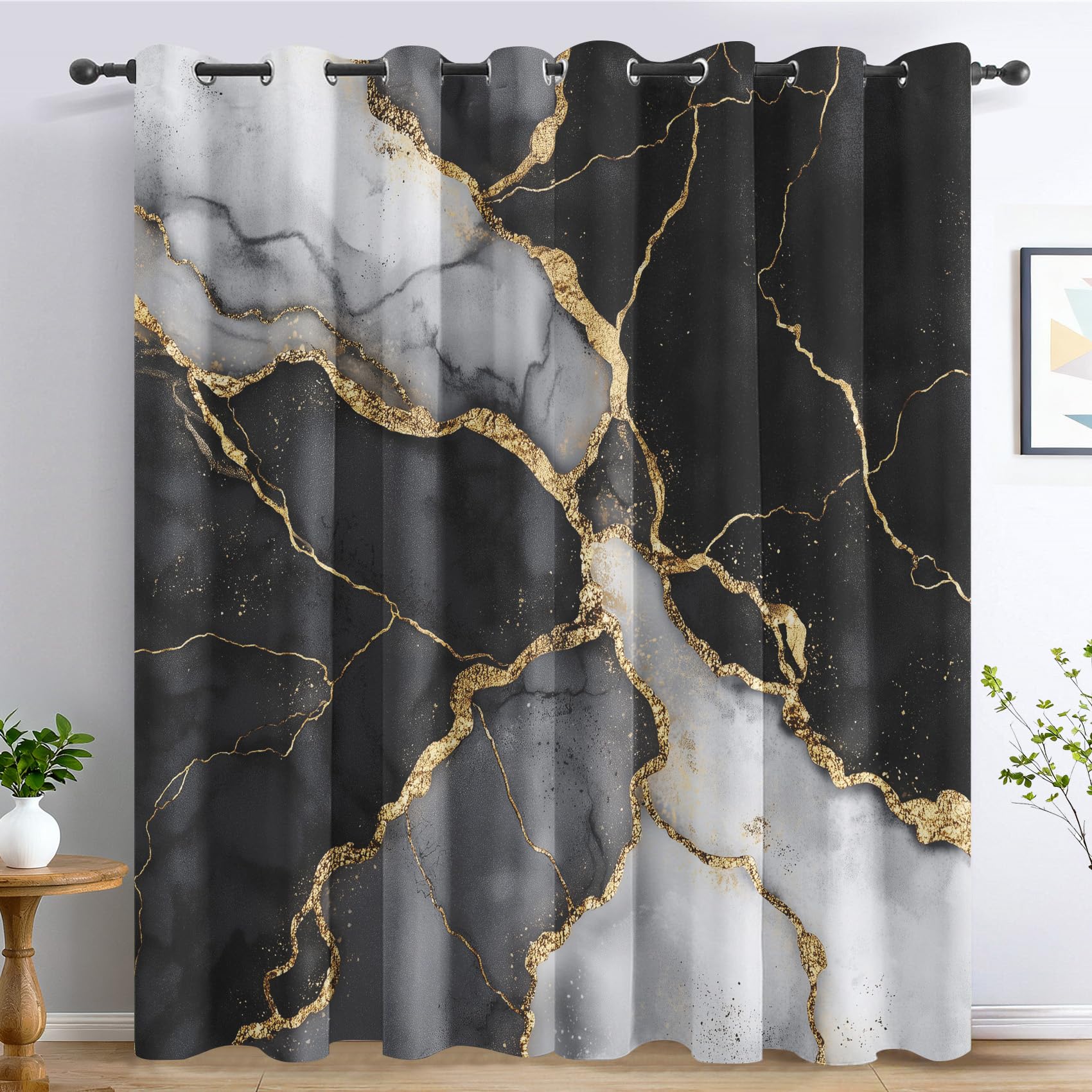Generisch Schwarz Gold Marmor Vorhänge Wohnzimmer, Vorhang Blickdicht Moderne Abstraktion Gardinen mit Ösen Schlafzimmer, Thermo Verdunklungsvorhänge 2er Set H160 x B140 cm pw&33