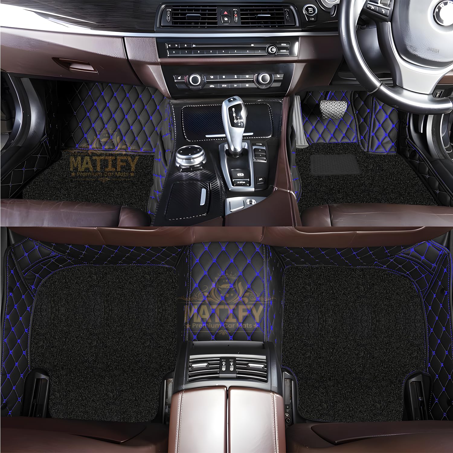 7D Car Floor Mats for BMW 330i 2018-2022 | Waterproof | Anti-Slip | Luxury Premium Leather Car Mat | Full Coverage | All Weather | Custom Fitted Car Foot Mats - Black with Blue