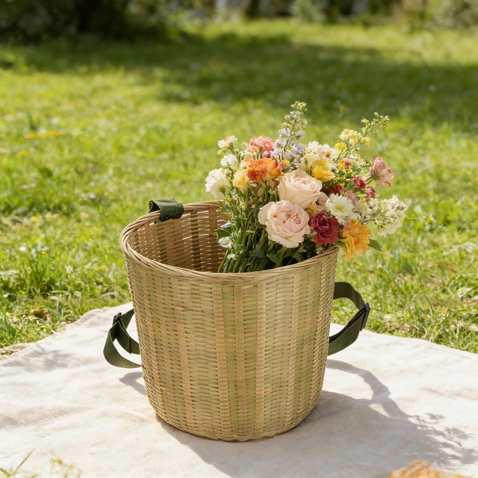Cesta de Picnic Tejida de Bambú Redonda con Doble Correa