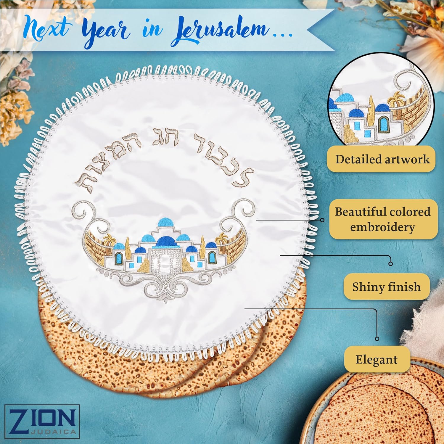 Zion Judacia Complete Passover Seder Set for Pesach – Seder Plate, Matzah Tray, Elijah Cup with Coaster, Kiddush Wine Cup & Round Matzah Cover Afikoman Bag – Elegant Jewish Holiday Table Set