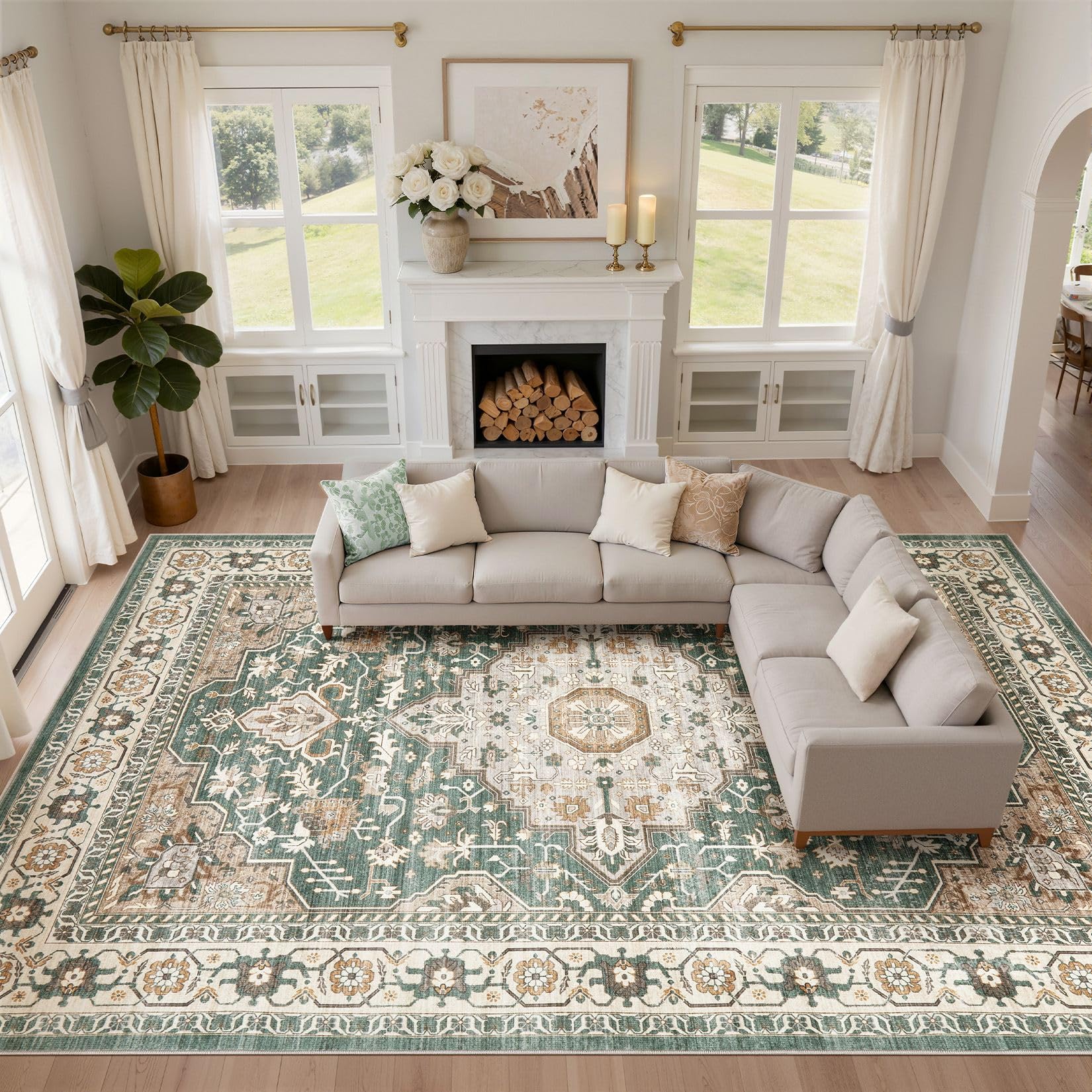LOONGRUG 12x15 Area Rug Large Vintage Boho Living Room Soft Rug Green