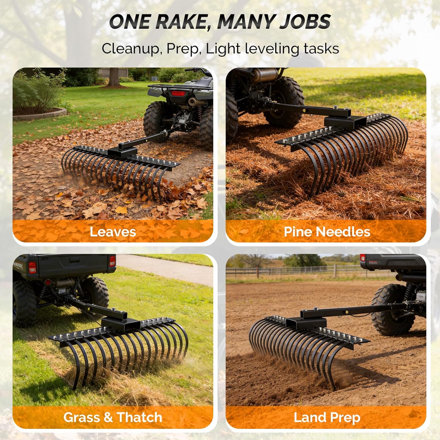 VINGLI 60" Tow Behind Landscape Rake with 21 Spring Steel Tines, 2" Receiver Lawn Dethatcher Rake for ATV/UTV & 3-Point Hitch Tractor, for Leaves, Pine Needles, Debris, Grass, Black