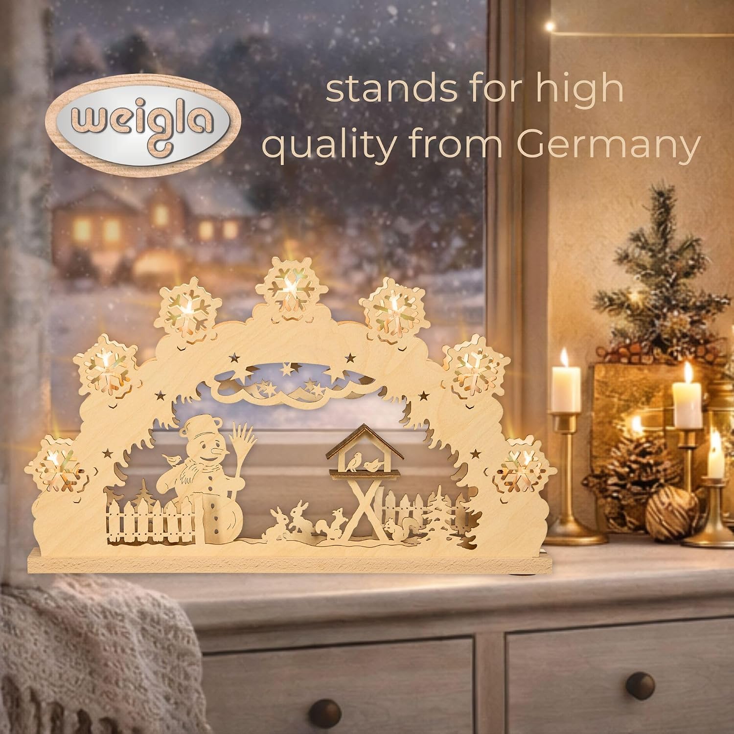 weigla - LED Candle Arch from The Ore Mountains I Christmas Light Arch I Snowman Motif I 7 lamp Candles + 1 Spare lamp I 7 x 16 V, 0,2 W, E10 I German Erzgebirge I Illuminated Decoration