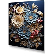 DesignQ Thailand Wall Art, Blue Beige modern Floral Bouquet, Thailand Wall art decor, Red Traditional Canvas wall art, 12x20 inches