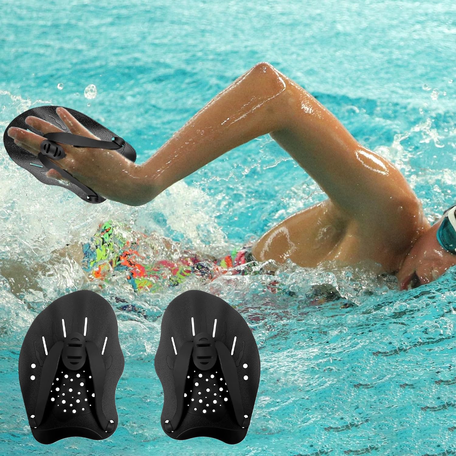 1 Paio di Racchette da Piscina, Racchette per Nuotatori, Racchette Nuotatori Giovanili, Pagaia A Mano Tecnica del Nuoto, per Racchette Allenamento Nuoto, con Spallacci Regolabili