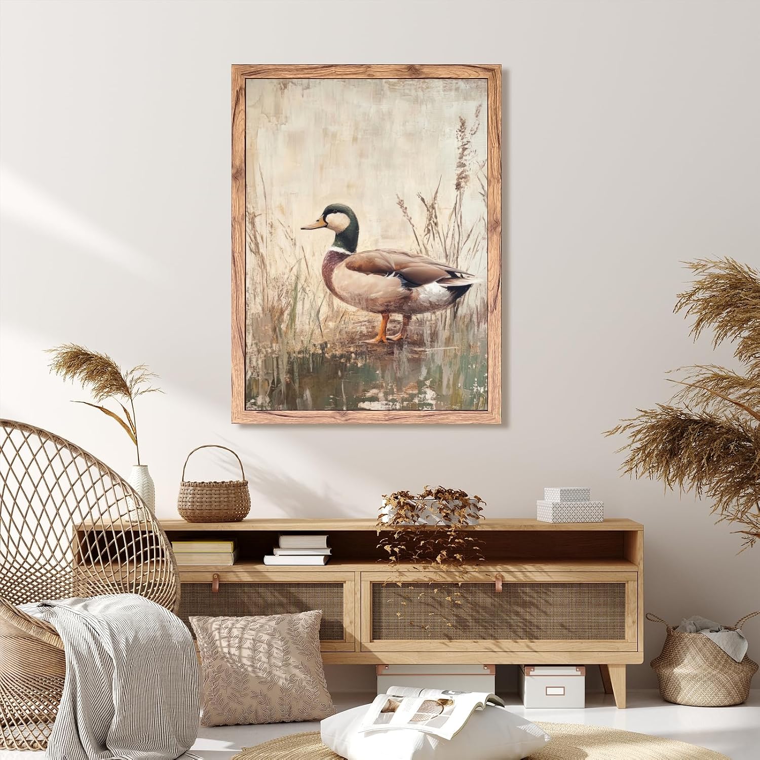 Licpach Large Framed Wall Art Cute Mallard Duck Poster Canvas Print Rustic Farmhouse Animals Goose Painting Countryside Pictures Wall Decor Aesthetic for Living Room Bedroom 24x36inch Wood Framed