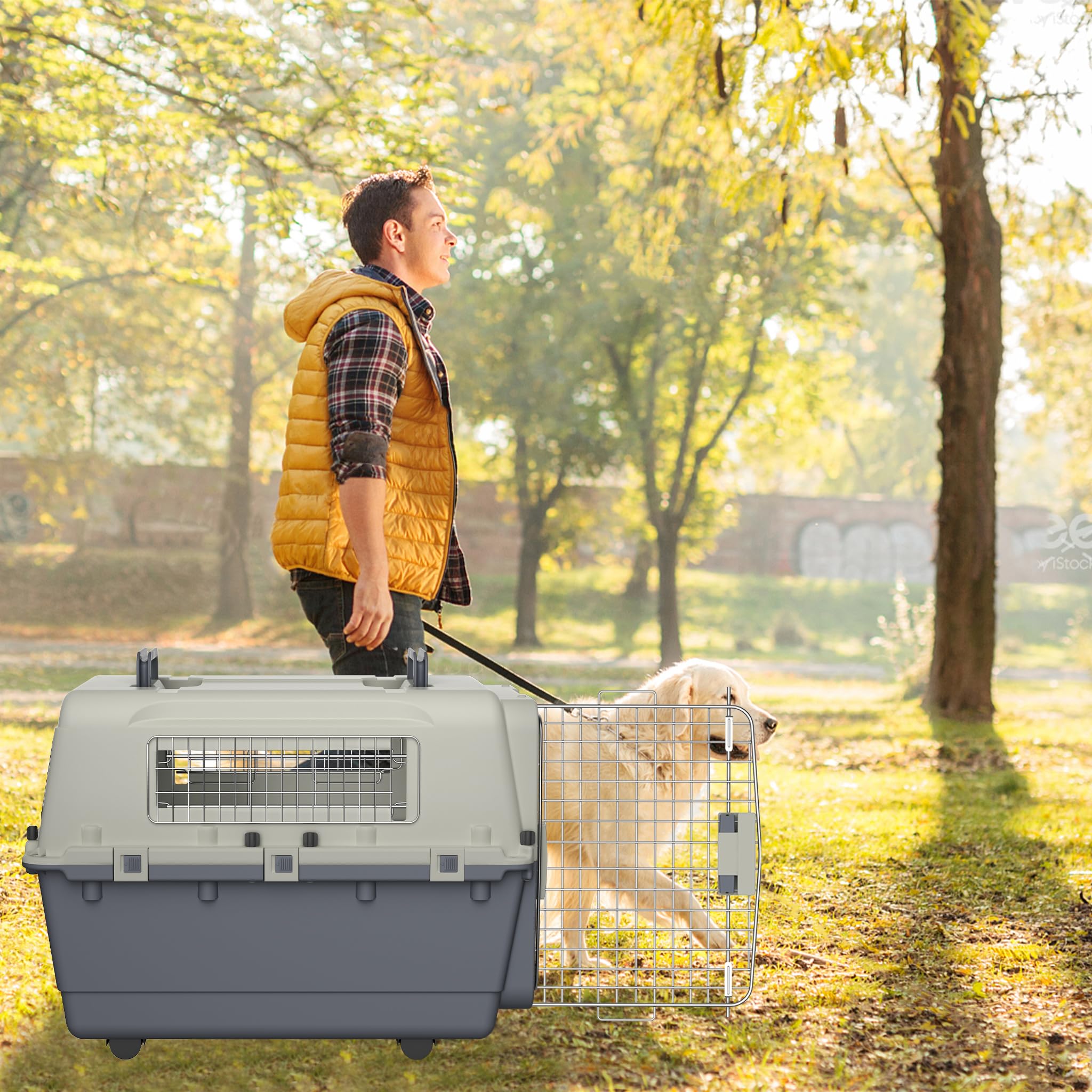 Aufun Transportín para perros con puertas de metal y 4 ruedas, bolsa de transporte para viajes en avión, asas fuertes y cerrojo de seguridad, rejilla de ventilación, caja de viaje para perros, 80 x 57