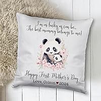 Vista 2 de Funda de almohada personalizada para el primer día de la madre, diseño de panda con niños, funda de almohada personalizada para el día de la madre