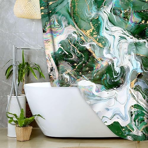 JAWO Juego de cortina de ducha de mármol verde, Gouache arco iris, dorado, grieta, verde salvia, verde esmeralda, cortina de ducha abstracta