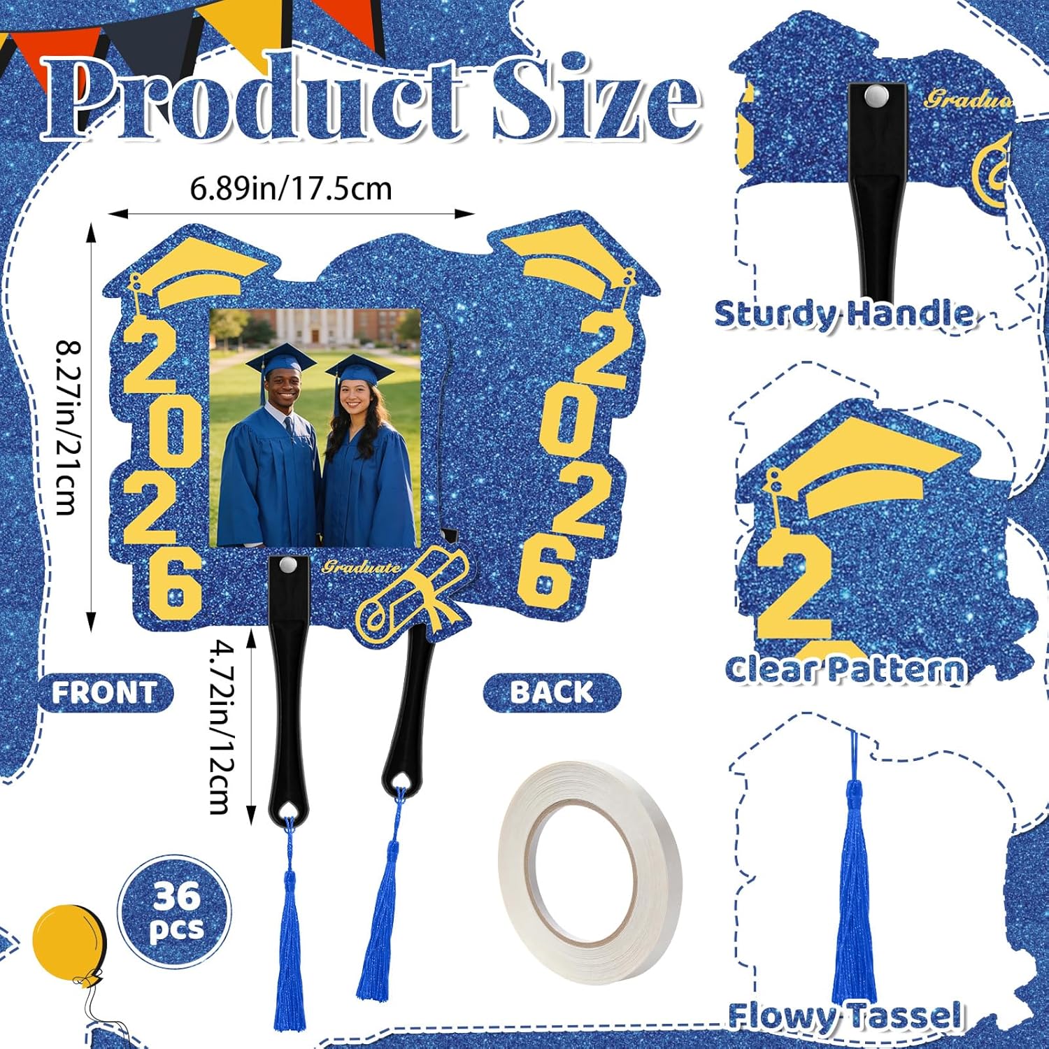 36 PCS Custom Graduation Fan Photo Frames with Handle, Plastic Class of 2026 Photo Props with Tassel, Double Sided Sparkle Grad Party Frames for Grad Events, School Ceremony (Blue & Gold)