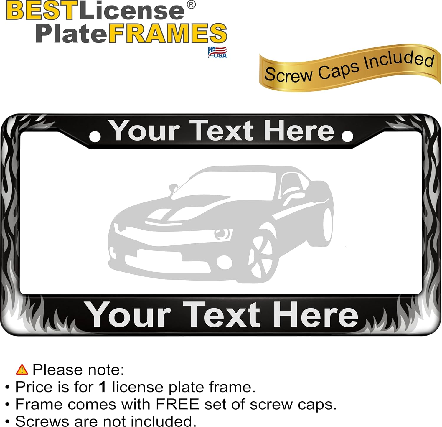 Flames | Design with Your Custom Text | Laser Etched Anodized Aluminum Standard Size - CAR/Automobile License Plate Frame & Free caps - Black (Qty: 1 Frame)