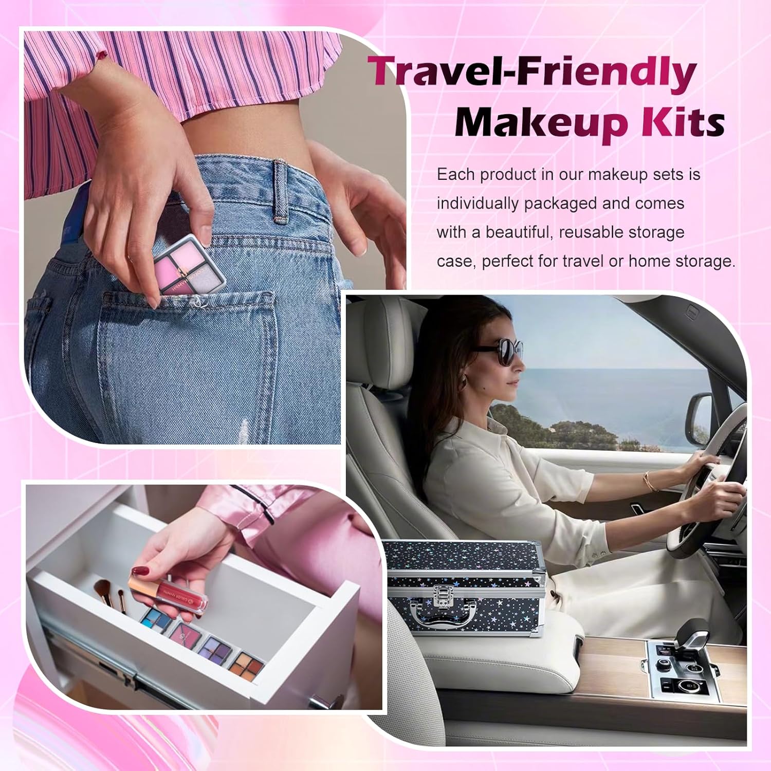 Color Nymph Makeup Kit for Teen Girls, All-in-One Beginner Makeup Set with Eyeshadow, Blush, Highlighter, Bronzer, Contour, Lipsticks, Eyeliner, Brushes & Mirror in Train Case (Starry Black)