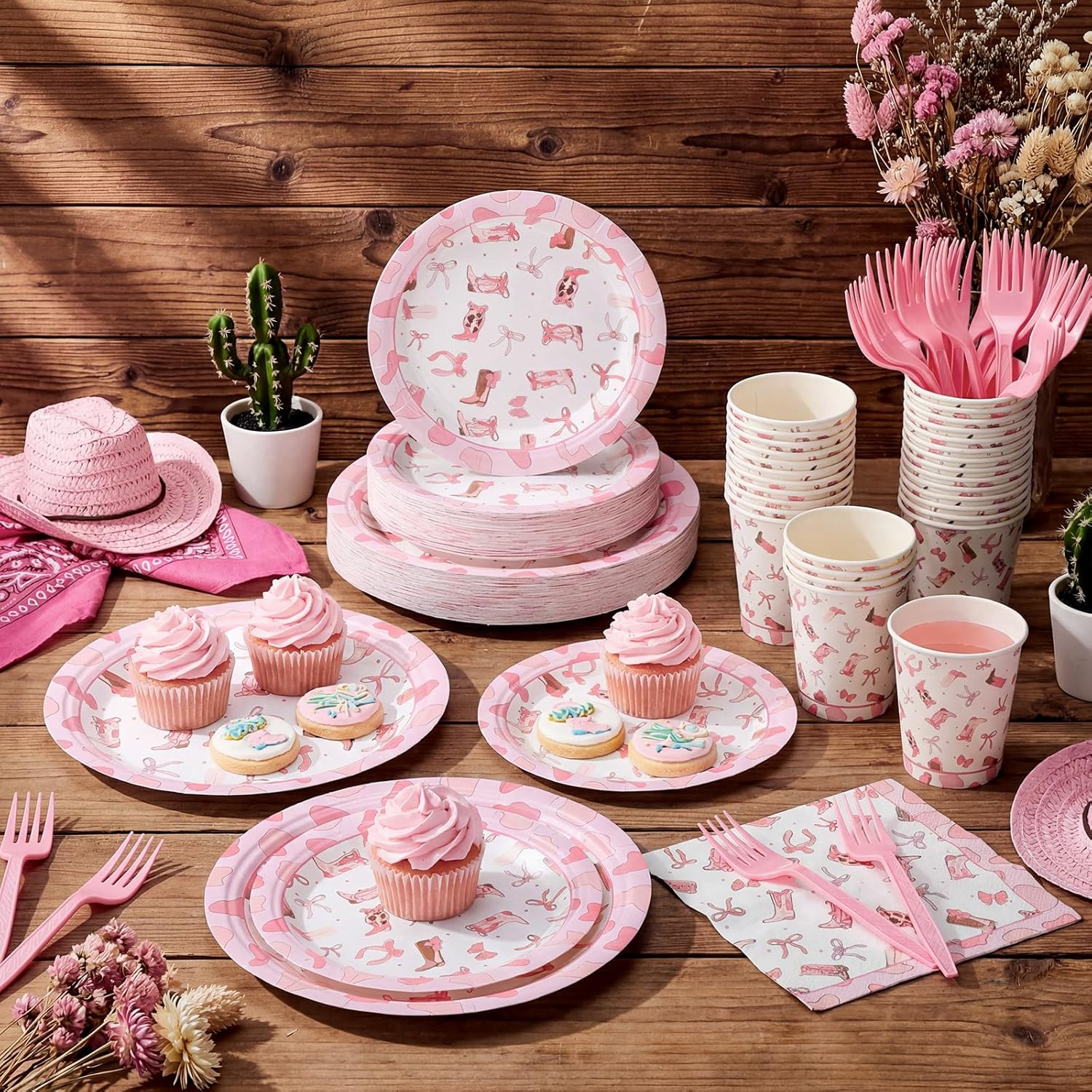 Remerry 30 Set/ 210 Pcs Cowgirl Party Supplies Western Coquette Pink Bow Birthday Party Decorations Include Disposable Plate Napkin Cup Fork for Western Themed Wedding Bachelorette Baby Shower - Image 2