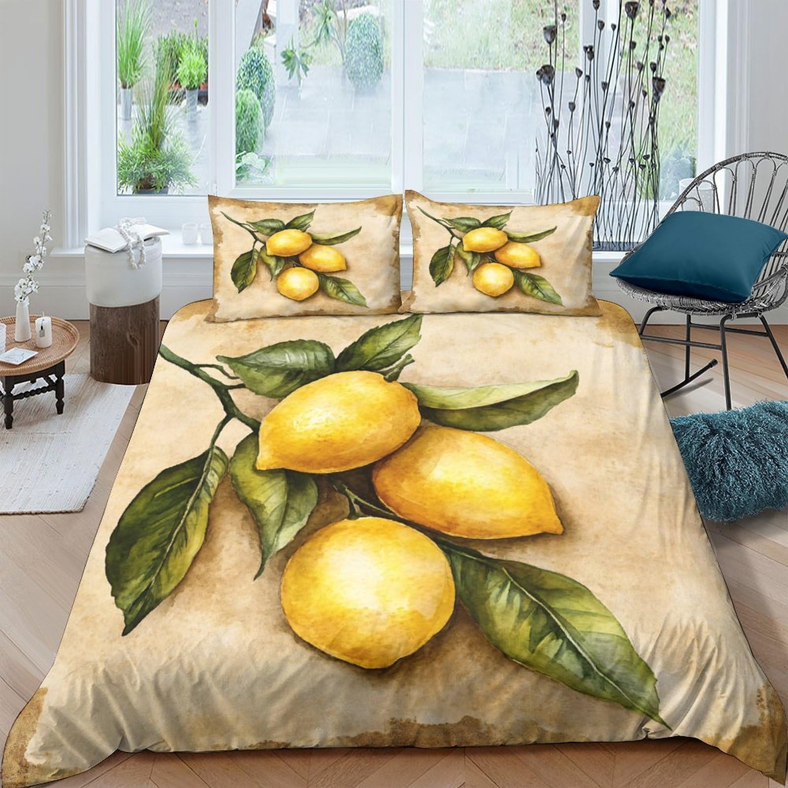 Ctjqhvkz Style-6 3D Printed Lemon Fruit Fitted Sheet Microfiber Yellow Leaf Pattern Bed Cover For Bedroom Guest Room Home Decor Single（135X200cm）