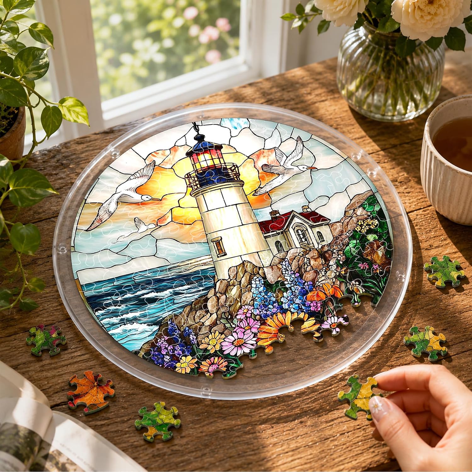 Reofrey Acrylic Puzzle Suncatcher for Adults, 83 Piece Lighthouse Window Hanging, Stained Glass DIY Jigsaw Puzzle, Double-Sided Acrylic Decor, for Mom, Home Garden Decoration, 7 Inch
