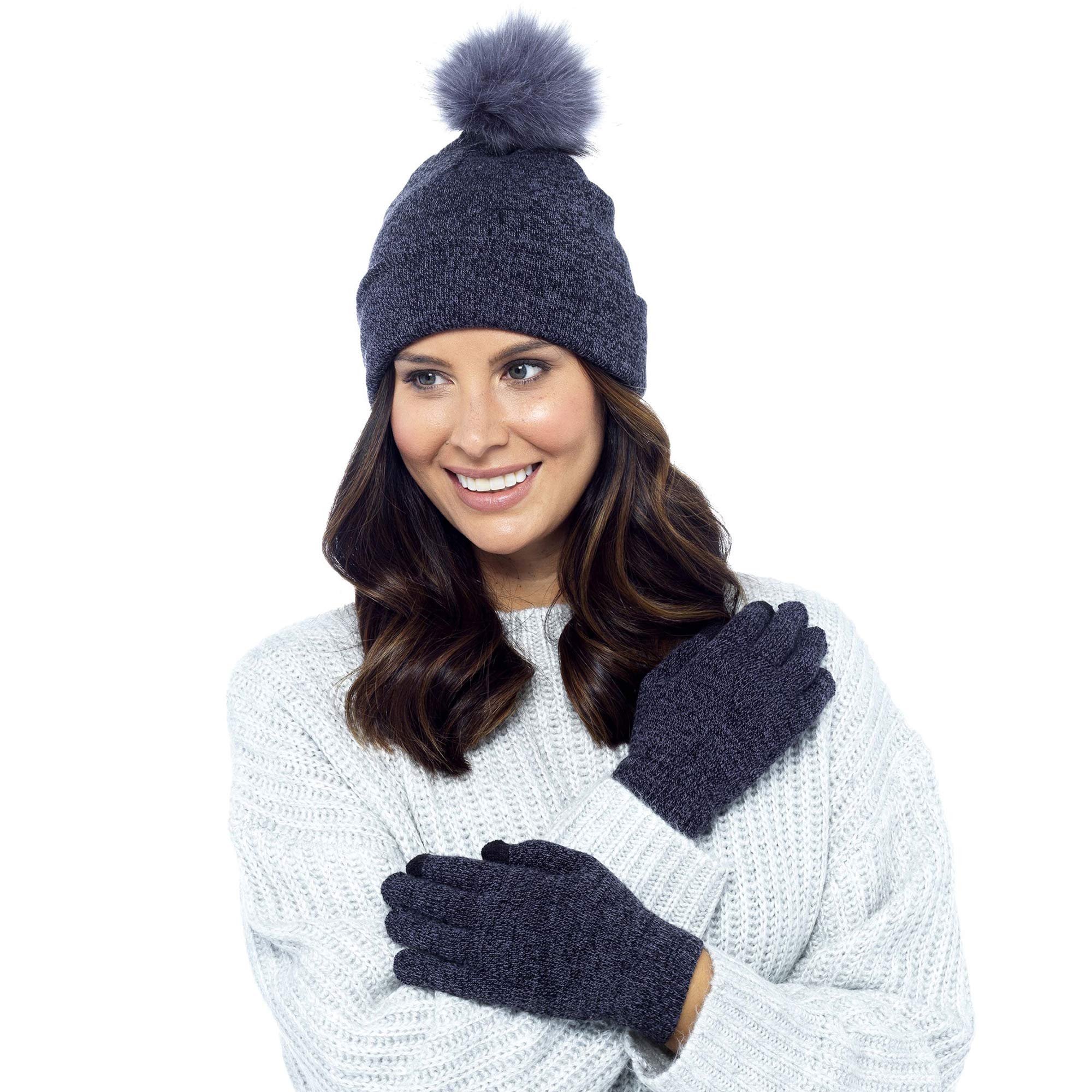 Foxbury Ladies Bobble Hat & Touch Screen Gloves Set Grey