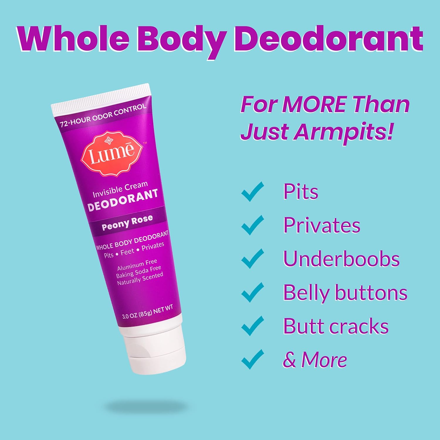 Lume Natural Deodorant - Underarms and Private Parts - Aluminum Free, Baking Soda Free, Hypoallergenic, and Safe For Sensitive Skin - 3oz Tube (Peony Rose) : Beauty & Personal Care