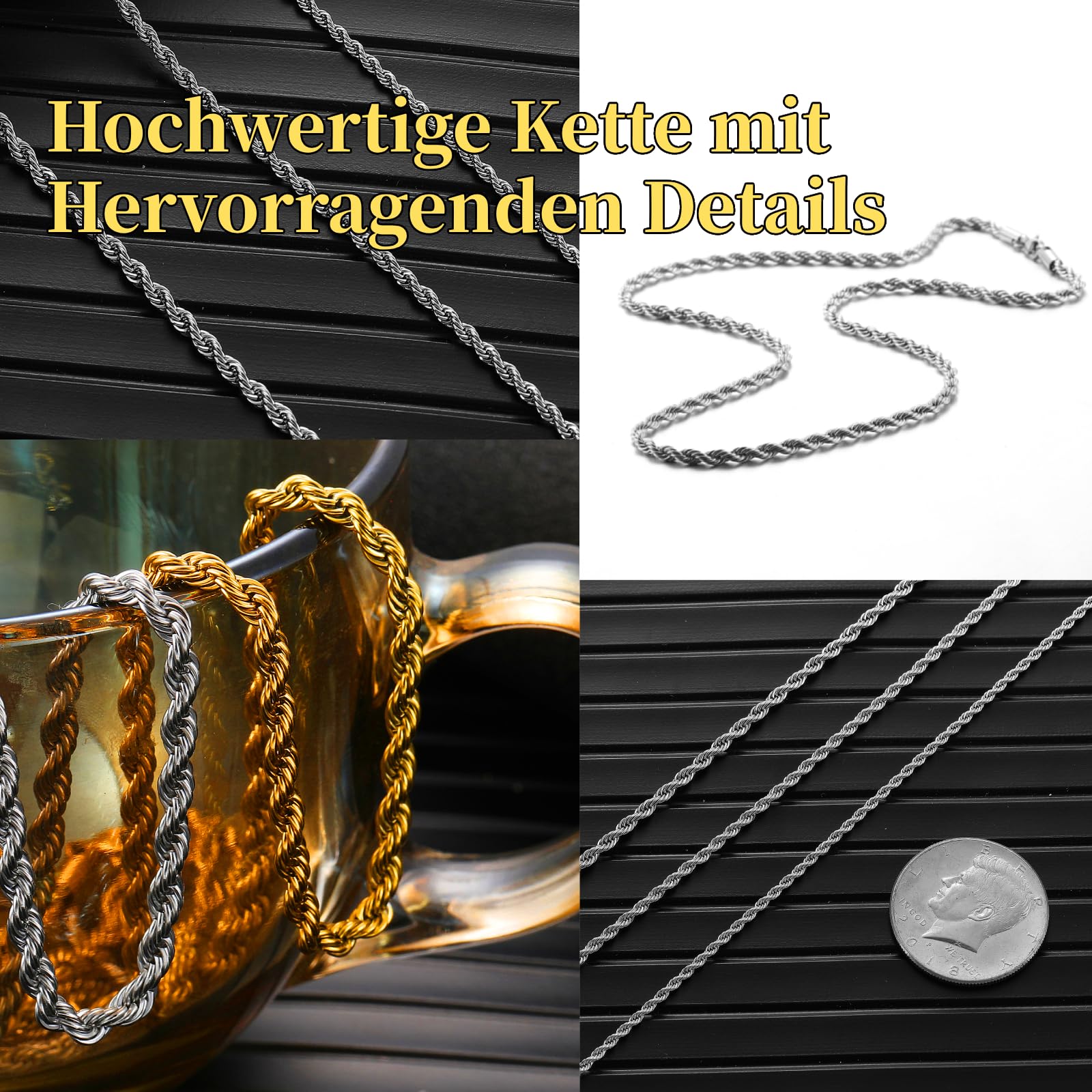 Collana Uomo Argento/Oro/Nero Maglia Catena Twisted 2.5/3/4mm Larghezza Catenina Acciaio Inossidabile Corda Intrecciata Lunghezza 45/50/55/60/70CM
