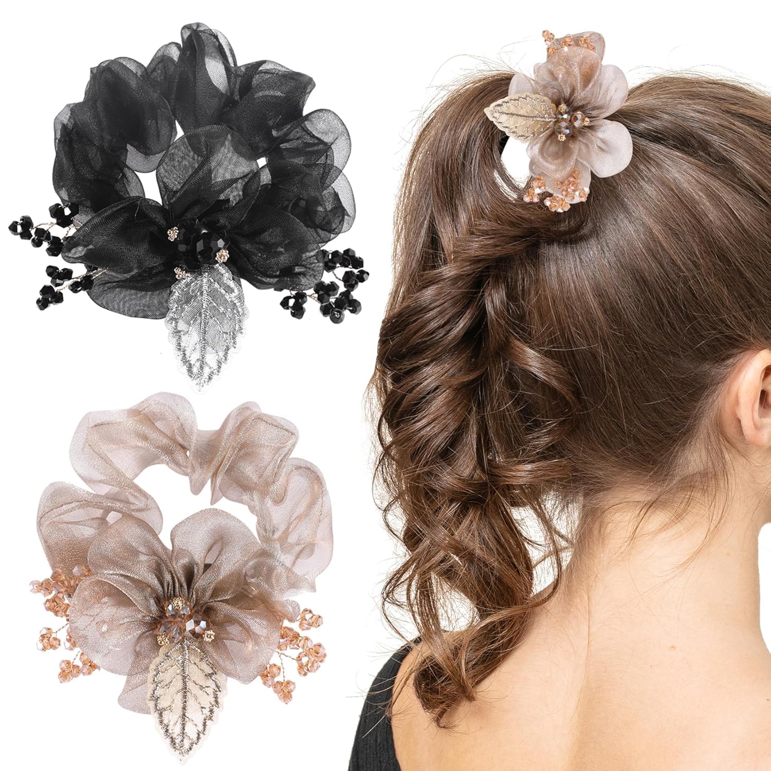 Miss Lirenn® 02 PCS Floral Hair Scrunchies with Organza Fabric, Rhinestone Beads, Embroidered Leaf Design, 2 Colours (2)