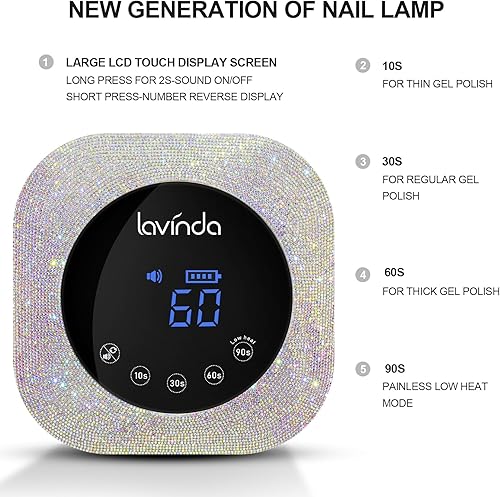 Miniatura 3 de Lavinda Lámpara de uñas LED UV, lámpara de uñas inalámbrica recargable de 54 W, secador de uñas de gel con 4 ajustes de temporizador, lámpara