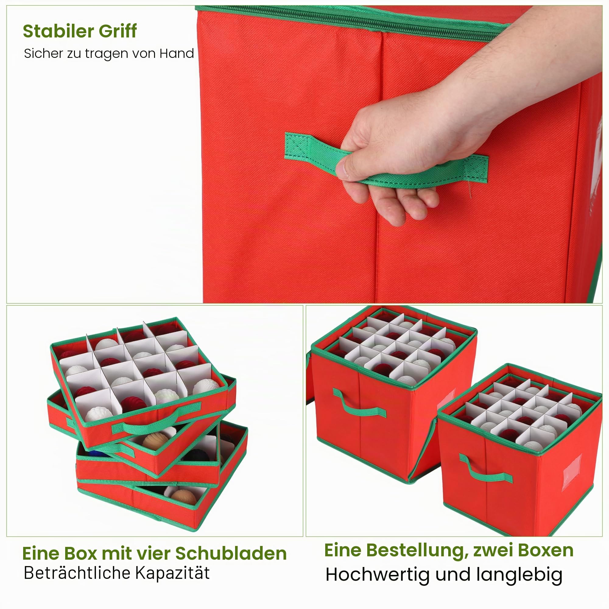 2er Set Weihnachtsdeko Aufbewahrung, Weihnachtskugel Box Mit Herausnehmbaren Tabletts, Doppel-Reißverschluss, Reißfestem Vliesstoff – Lagert Bis Zu 128 Christbaumkugeln, Rot