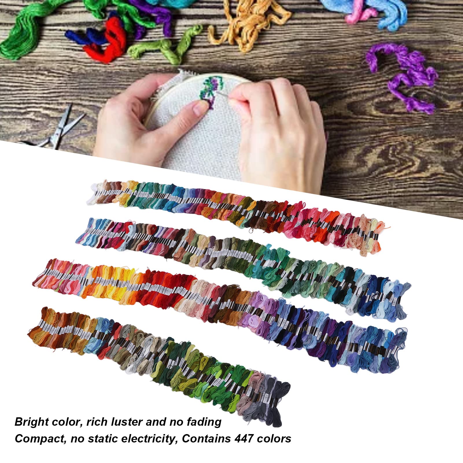 Hilo de bordado multicolor, suministros de costura de poliéster sin decoloración, 447 tonos vibrantes para pulseras, muñecas, guantes, bufandas y manualidades de punto de cruz