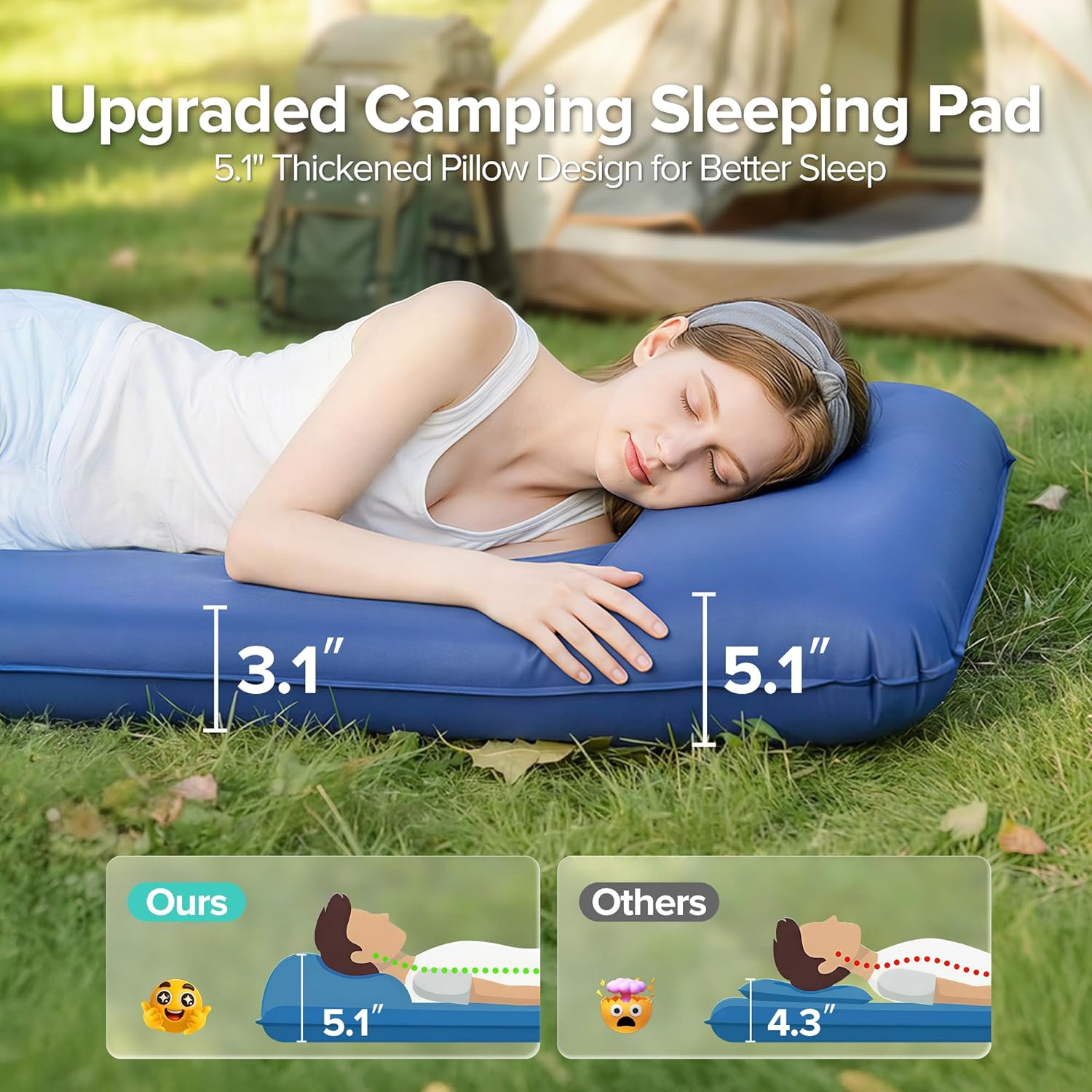 Memory Sleeping Pad, 3.1" Ultra-Thick Foam Sleeping Mat for Camping, Self-Inflating Sleeping Pad with Pillow, Quiet & 9.5 R-Value, 4-Season Camping Mattress Pad for Tent Car Travel (Dark Blue)