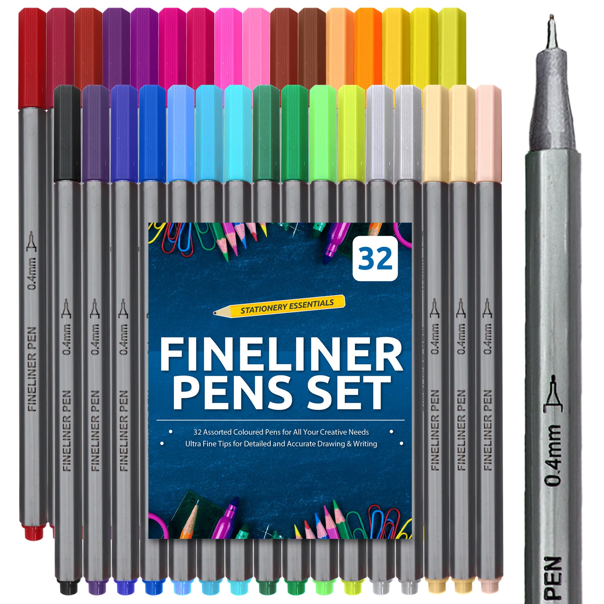 SOL 32pk Fineliner Pens Coloured, 0.4mm Line Assorted Vibrant & Skin Tones Colours Precision Lines for Writing, Drawing, Journaling and Illustrations, Fine Tip Quick-Drying Smudge-Free Ink