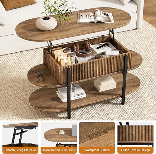 Miniatura 5 de FABATO Mesa de Centro Ovalada de 41.7" con Tapa Elevable, Mesa Central de Madera Acanalada con Almacenamiento Oculto, 3 Niveles de Mesas Pequeñas