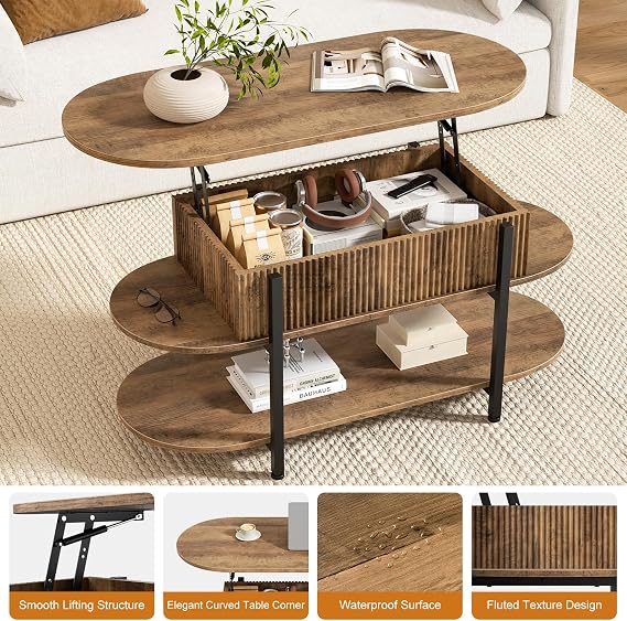 FABATO 41.7 Fluted Oval Lift Top Coffee Table Hidden Storage, Vintage Oak