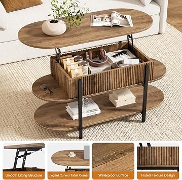 FABATO 41.7 Fluted Oval Lift Top Coffee Table Hidden Storage, Vintage Oak
