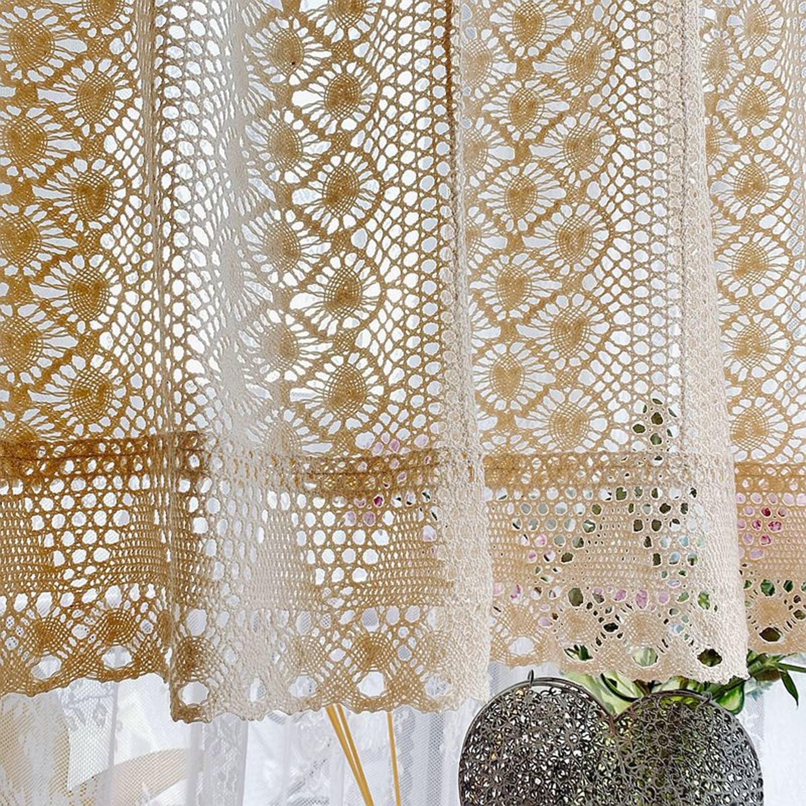 1Pcs Scheibengardinen Beige, Hohl Spitze Häkeln Voile Vorhang, HxB 130x90cm