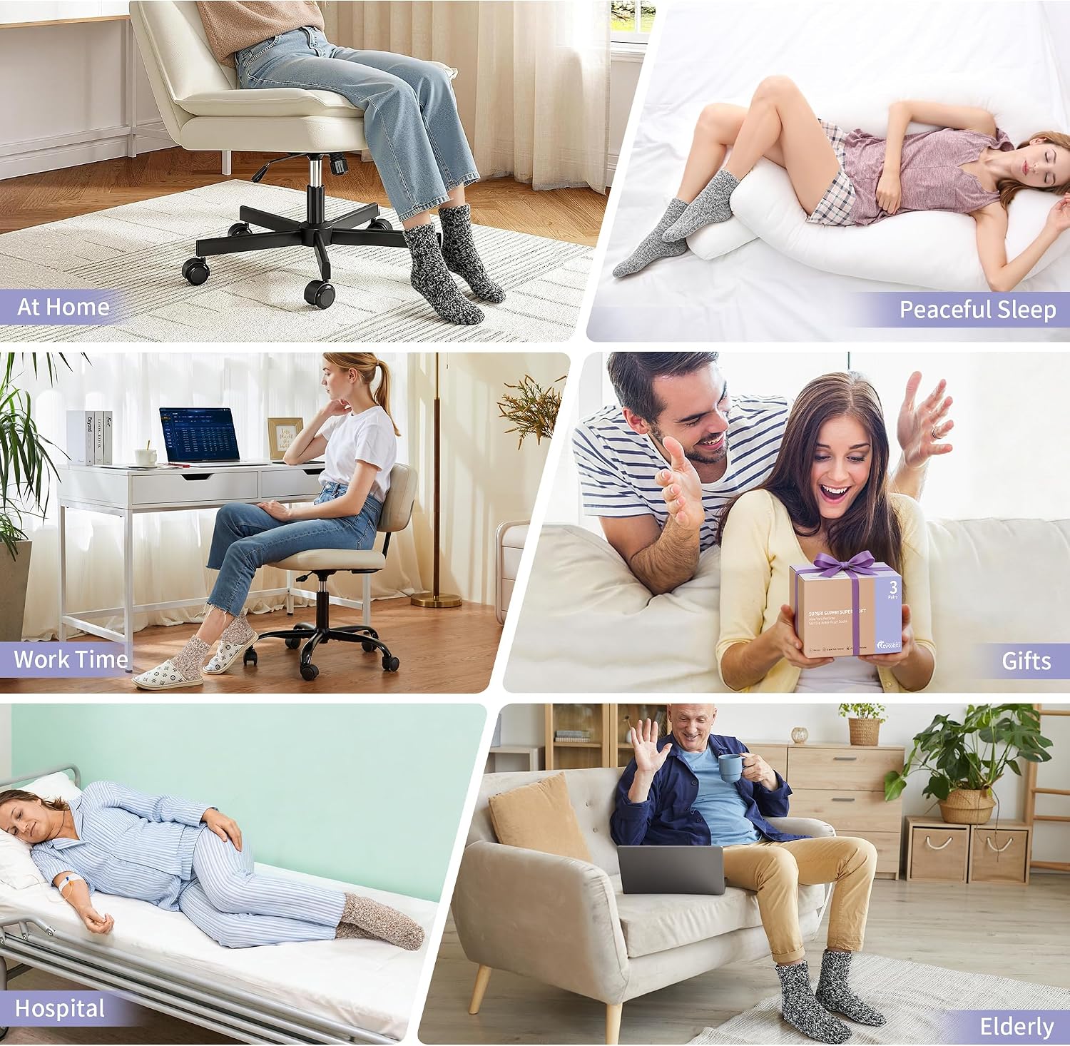 Revosoxs Fuzzy Socks with Grips for Women Men,Non Slip Hospital Crew Cozy Fluffy Cloud Socks for Gifts