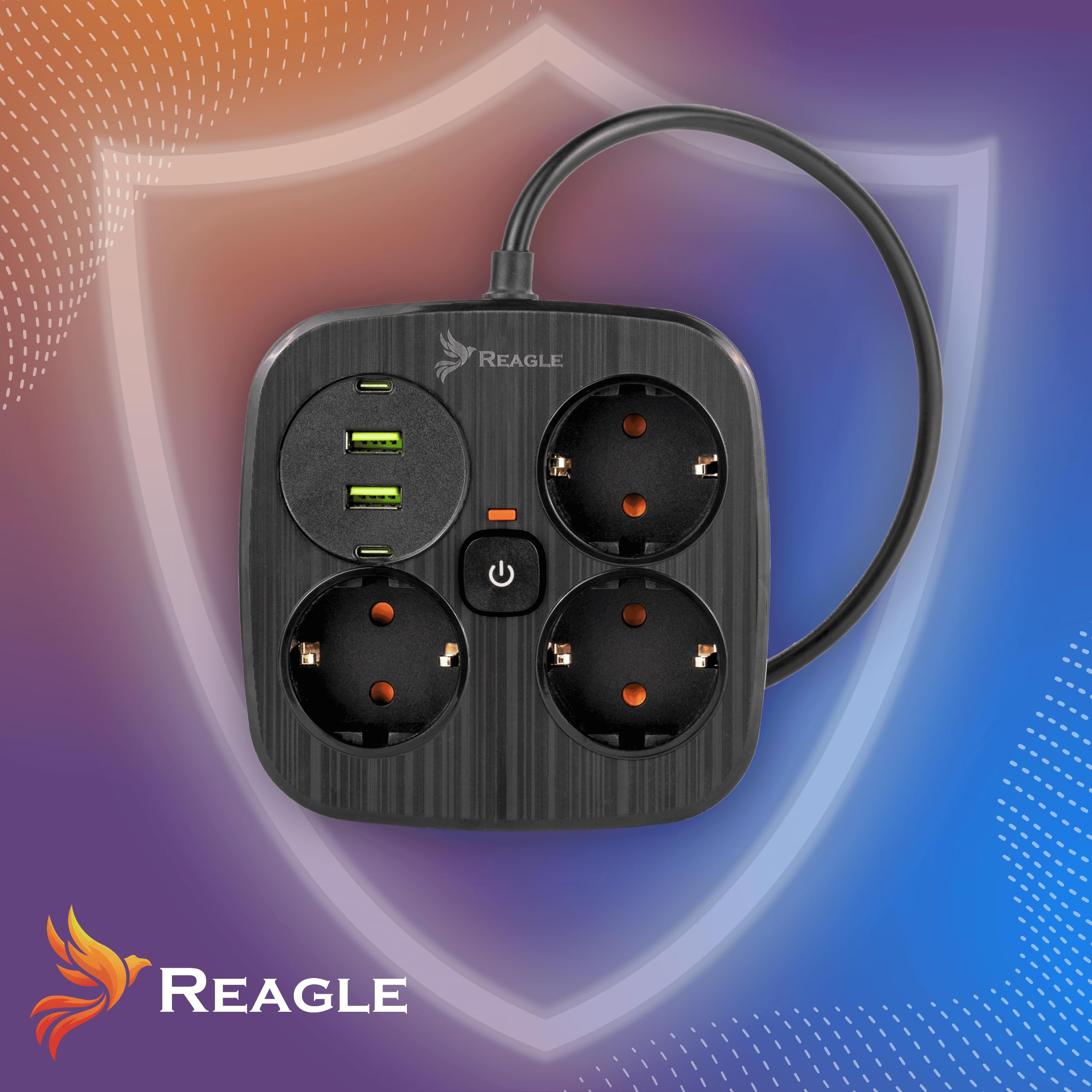 Reagle Listwa Zasilająca z 4 portami USB 2x USB 2x USB-C, Antyprzepięciowa, 3 Gniazda 230V, Przedłużacz Rozdzielacz z przełącznikiem do Oszczędzania Energii do domowego biura Kabel 3M