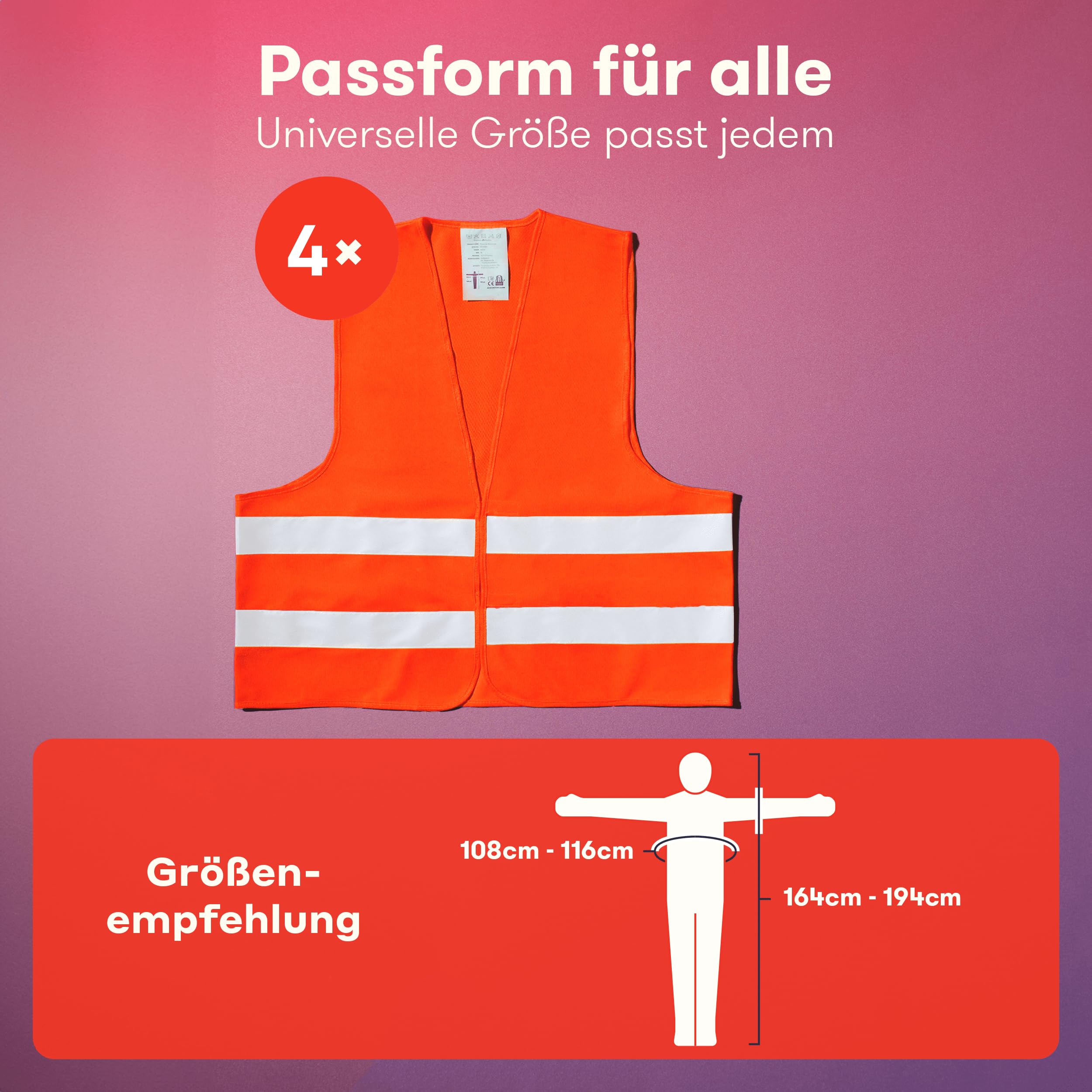 PURAHELP Warnwesten 4er Set Europaweit gültig nach EN ISO 20471 - Reflektierende Warnweste - Sicherheitsweste Orange - Warnschutzweste - Sicherheitswesten für Erwachsene