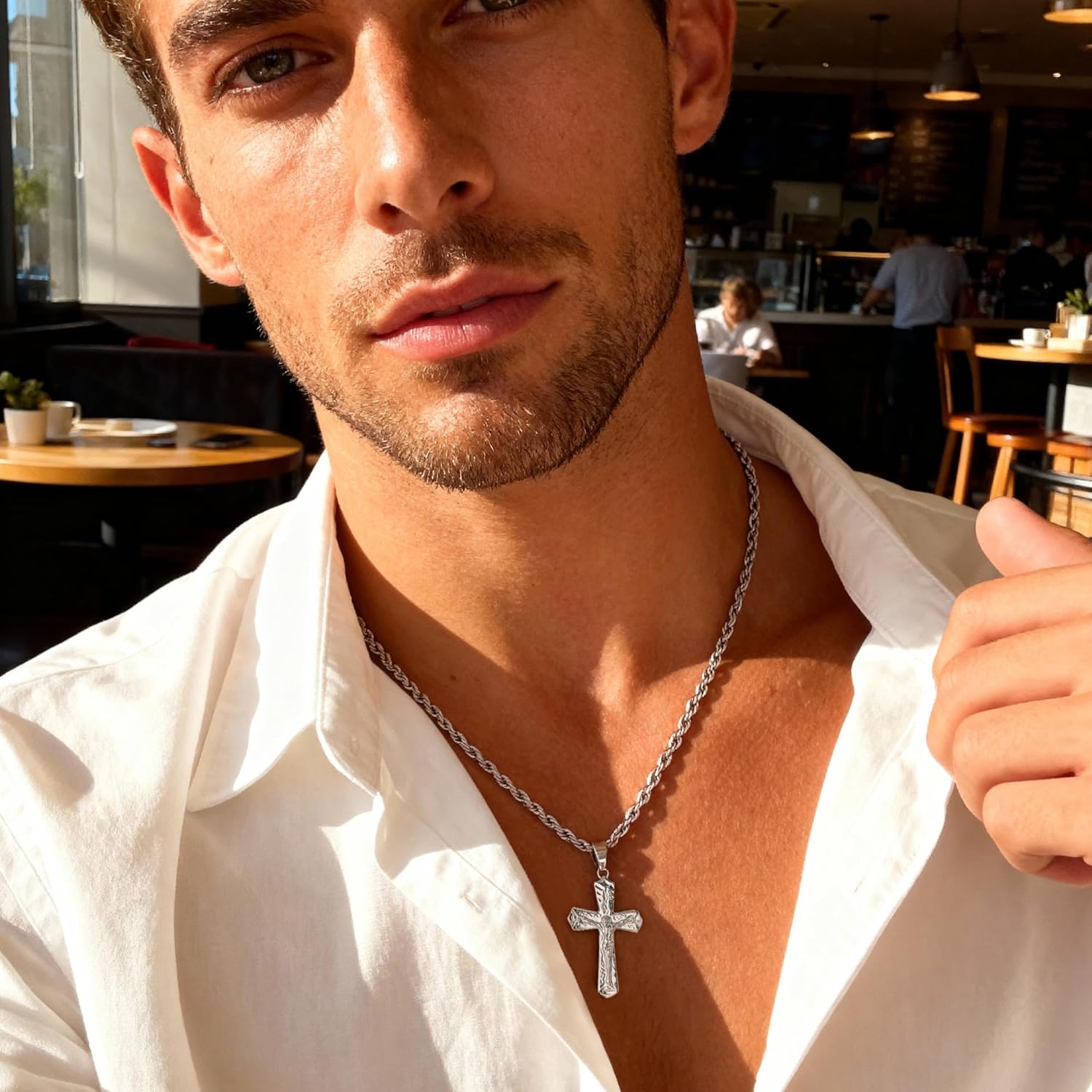 Cross Necklace for Women 14K Gold and Sterling Silver Plated Cross Pendant Necklaces for Men Christian Crosses Necklace with Figaro Chain - Image 2