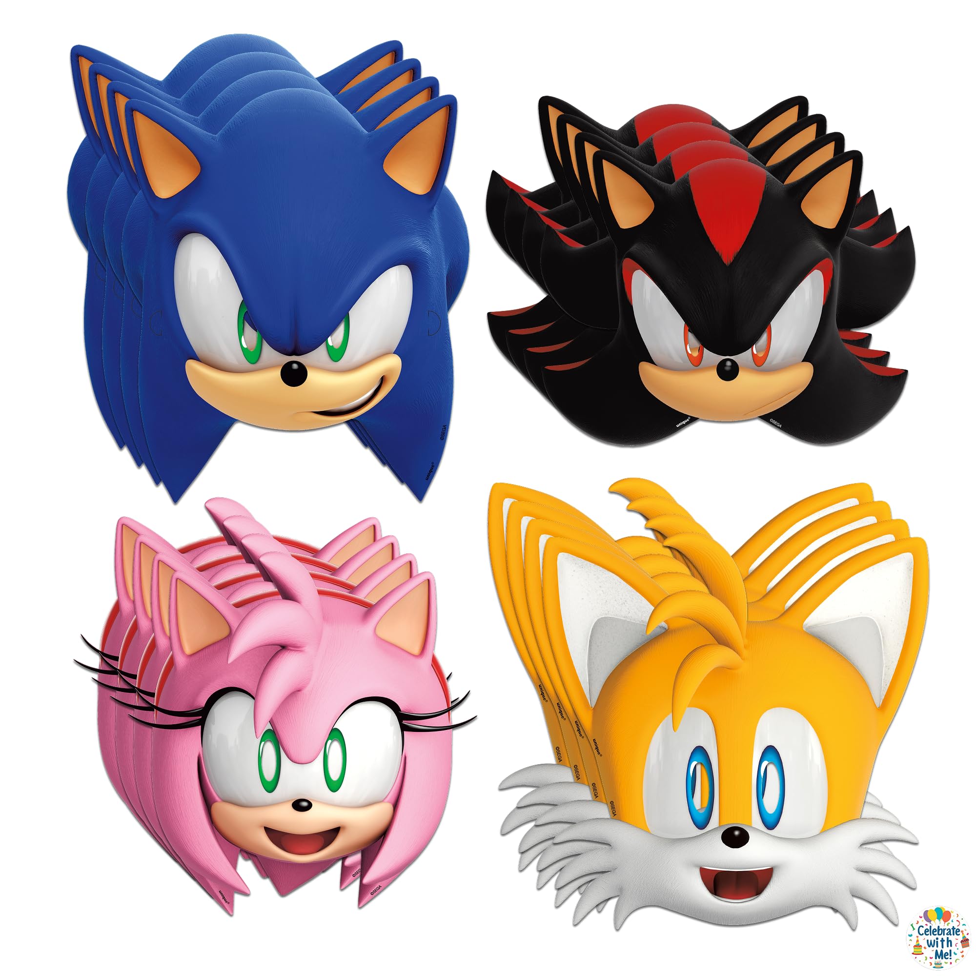 Unique Sonic the Hedgehog Party Masks 16 Assorted Paper Masks with Celebrate With Me Sticker | Sonic Birthday Party Supplies for Kids