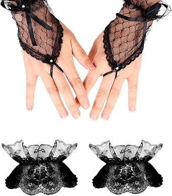 2 Pairs Black Lace Gloves & Cuffs, Fingerless Gothic Dress Accessories