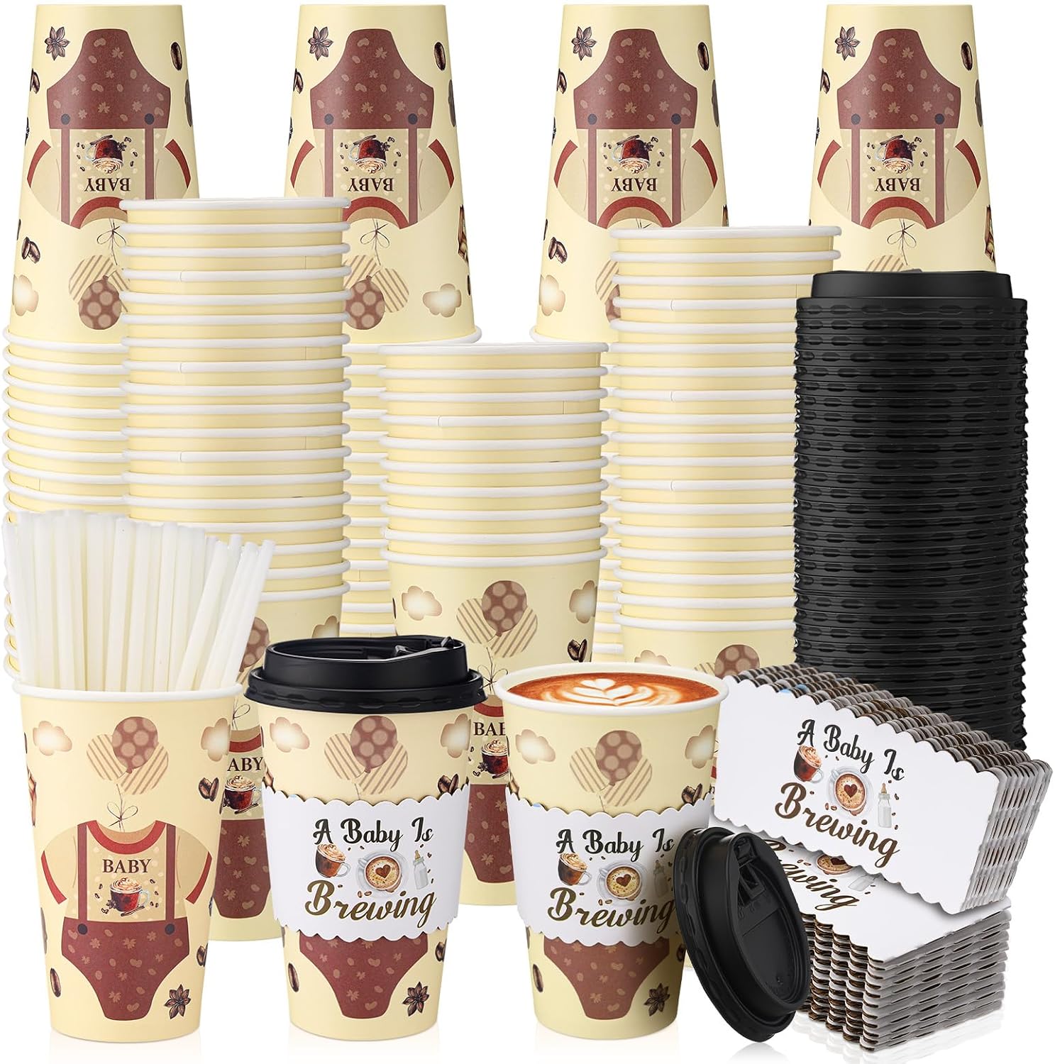 Jingmore 50 Set a Baby Is Brewing Coffee Cups with Lid Straw and Sleeves Disposable Baby Shower Favors Coffee Tea Cup 16 oz Party Supplies for Guests Gender Reveal Decoration