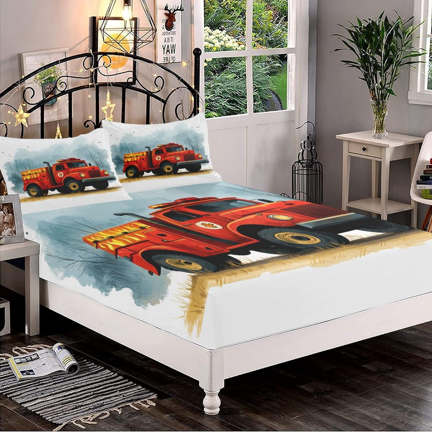 Drap Housse 200x200 cm Grand Bonnet 30 cm - Motif de Camion de Pompiers jungleier Linge de Lit 2 Personnes Doux et Confortable en Microfibre - Lot de 3 Draps Housses Rouge avec 2 Taie d'oreiller