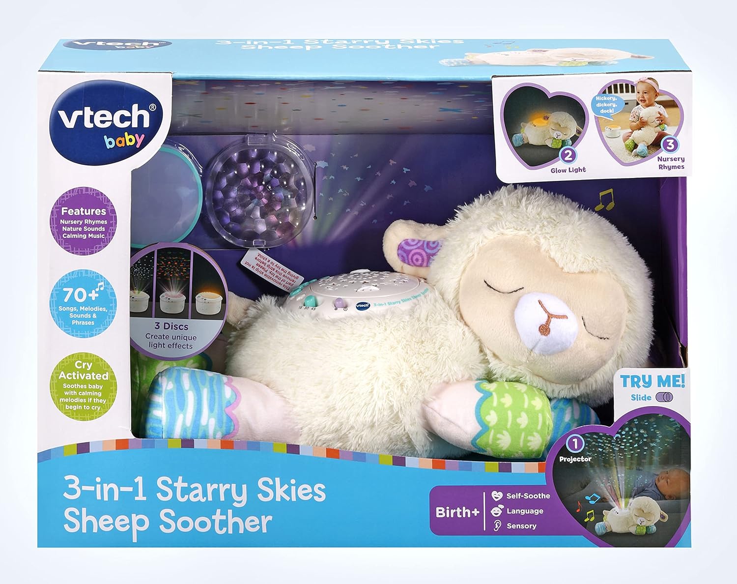 VTech Baby 3-in-1 Starry Skies Sheep Soother, Soft Toy for Babies with Night Light Projector, Nature Sounds, White Noise & Songs, 0, 3, 6, 12 Months +, English Version,Multicolor,‎12.1 x 31.9 x 15 cm