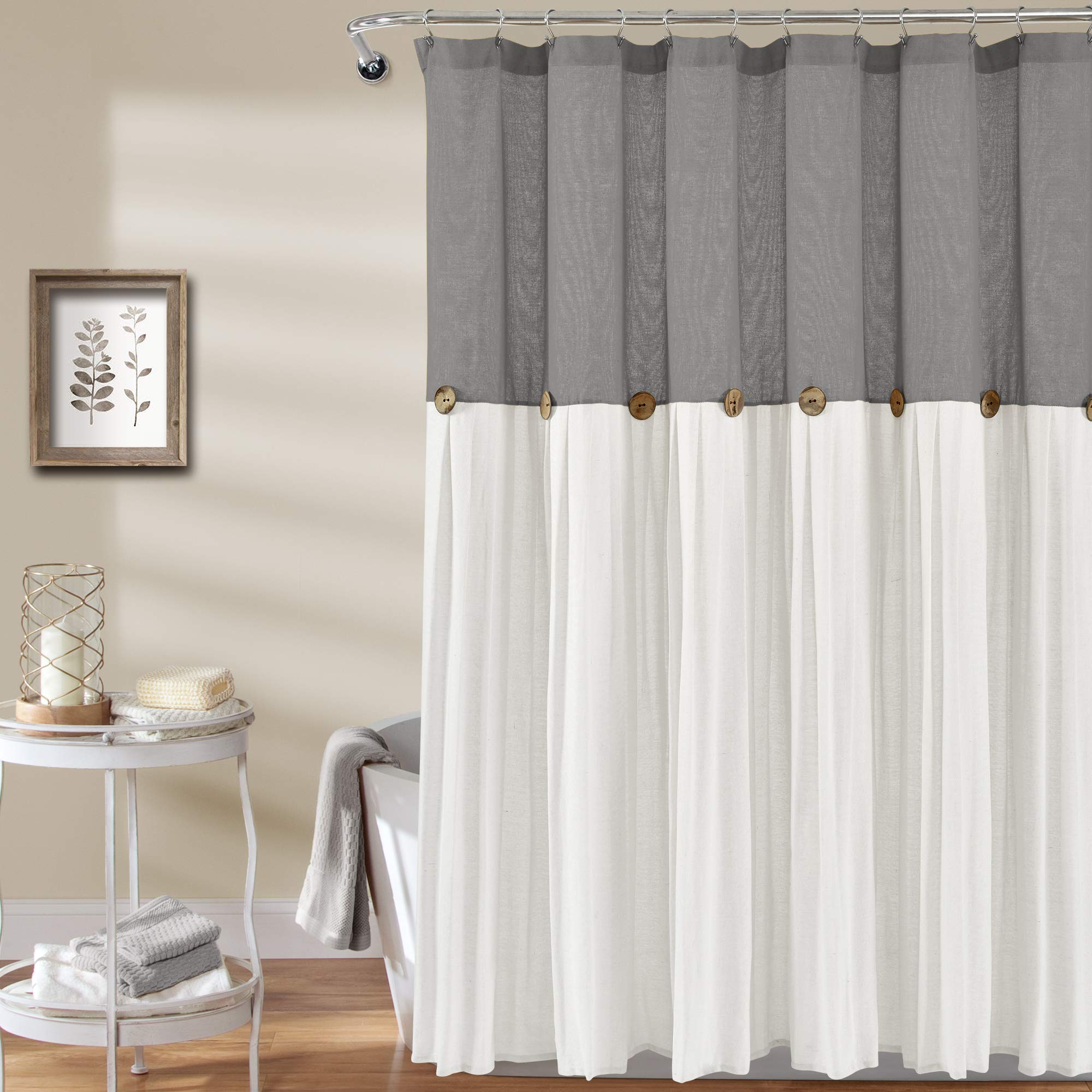 Lush Decor Linen Button Farmhouse Shower Curtain Pleated Two Tone Design for Bathroom, 72" x 72", Dark Gray & White