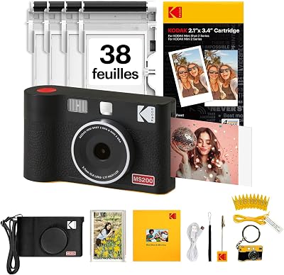 KODAK Mini Shot 2 Era 4PASS 2-in-1 Appareil Photo Instantané et Imprimante Photo Portable (5,3×8,6cm) Lot Accessoire avec 38 Feuilles, Noir