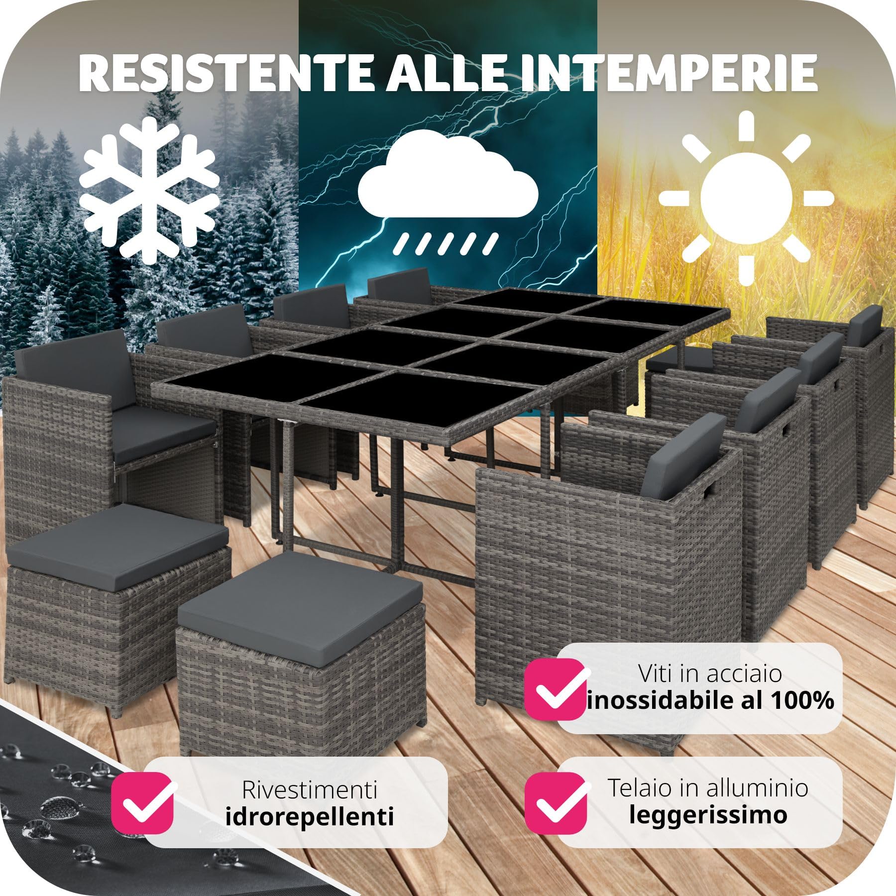 Tectake Set Mobili da Giardino in Poli Rattan 8 Sedie 1 Tavolo 4 Sgabelli Rivestimenti Rimovibili Idrorepellenti Grigio