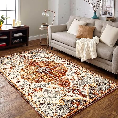 Alfombra bohemia lavable de 3 x 5 pies, estilo persa, envejecida, con medallón, alfombra de lana sintética, para interiores, antideslizante, de pelo
