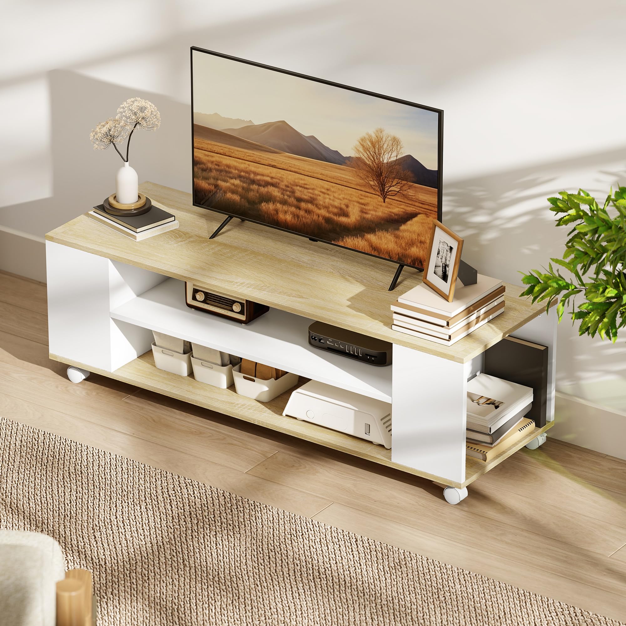 HOMCOM Mueble de TV con Ruedas, Mesa de TV Suspendido o de Pie, para Salón, con 4 Estantes Abiertos, para Televisión de 55 Pulgadas, Estilo Moderno, 120x40x38,5 cm, Natural y Blanco