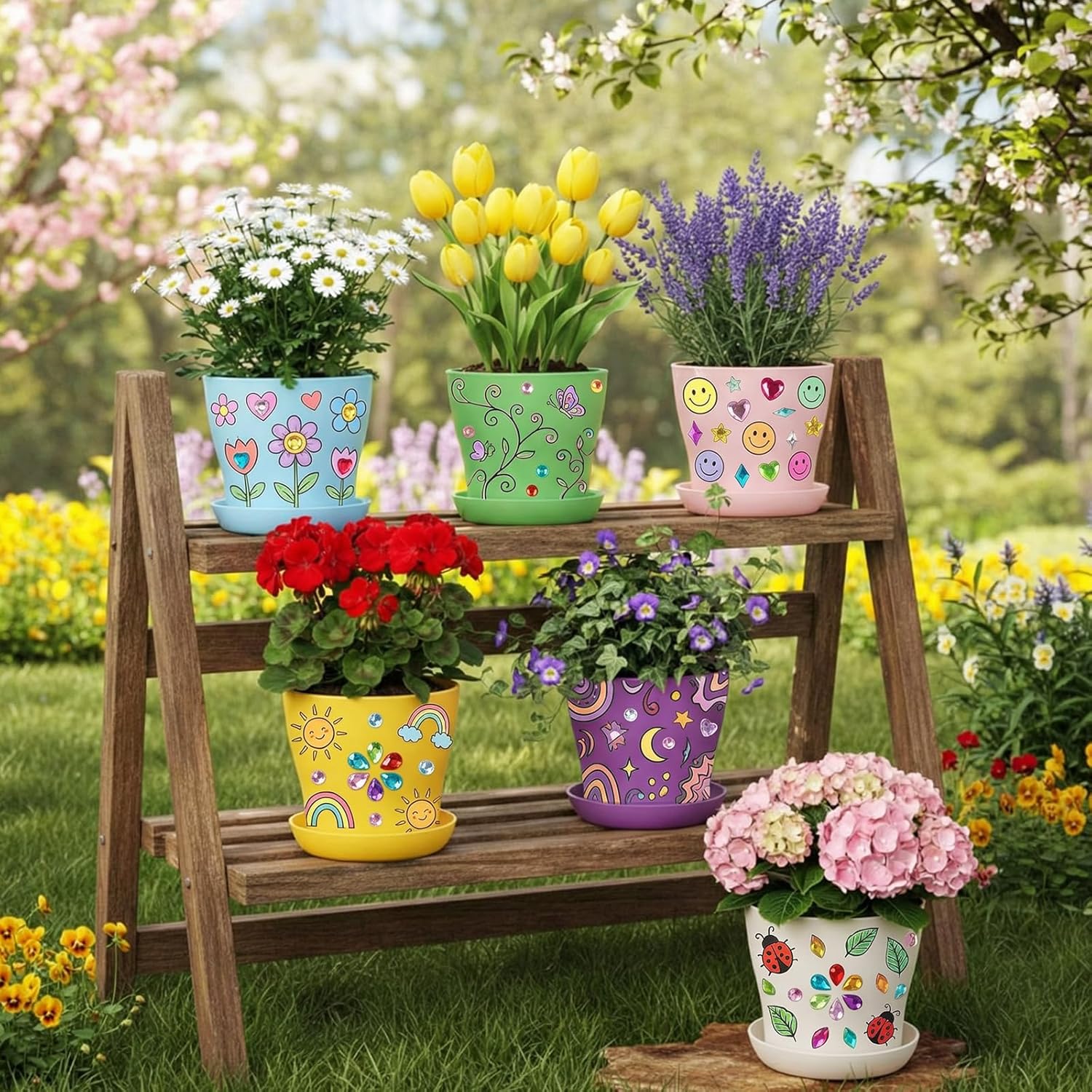 24 Set Garden Plastic Paintable Flower Pot Craft Kit 4" Starter Pots DIY Painting Party Supplies Acrylic Paint Strips Gardening Kit for Planting Crafts Birthday Spring Gift (Round)