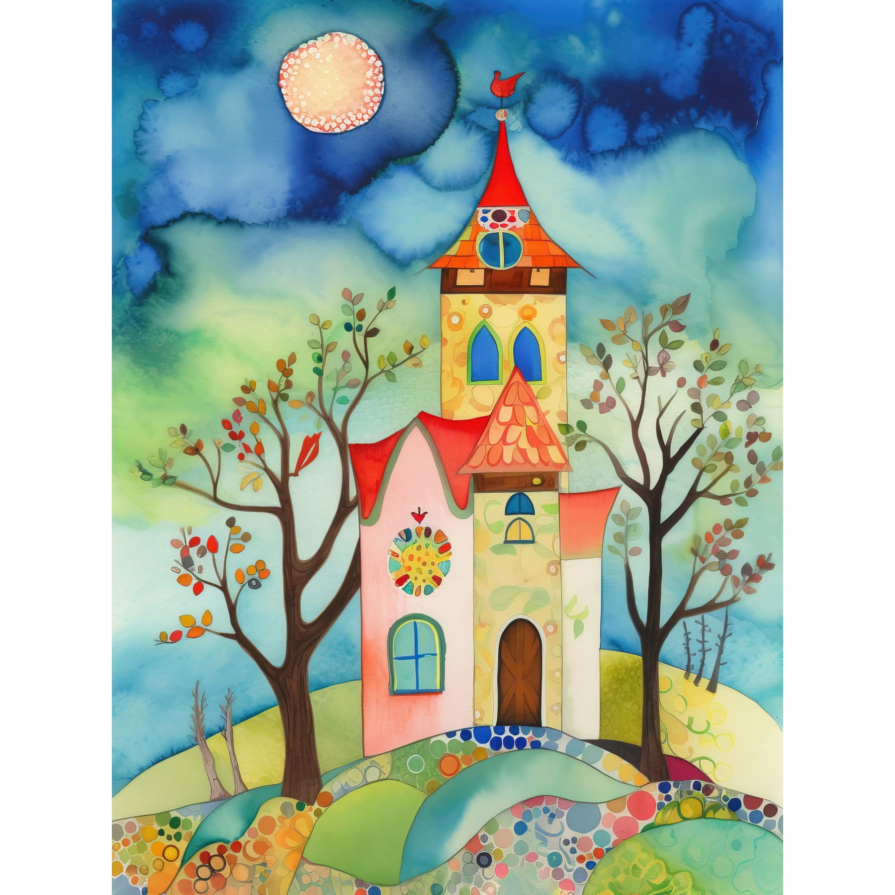 Artery8 Countryside Chapel Folk Art Watercolour Painting Extra Large XL Wall Art Poster Print