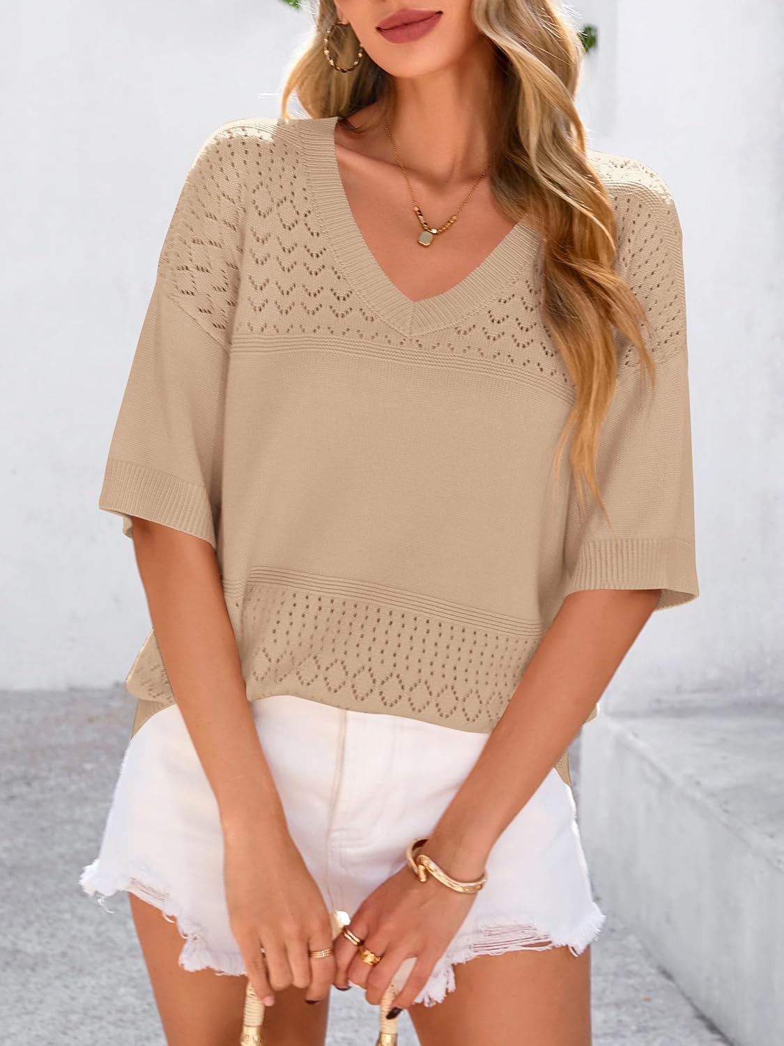 PRETTYGARDEN Women's Short Sleeve Sweater Tops 2026 Spring Summer Casual V Neck Ribbed Knit Trendy Eyelet Blouse T Shirts - Image 5